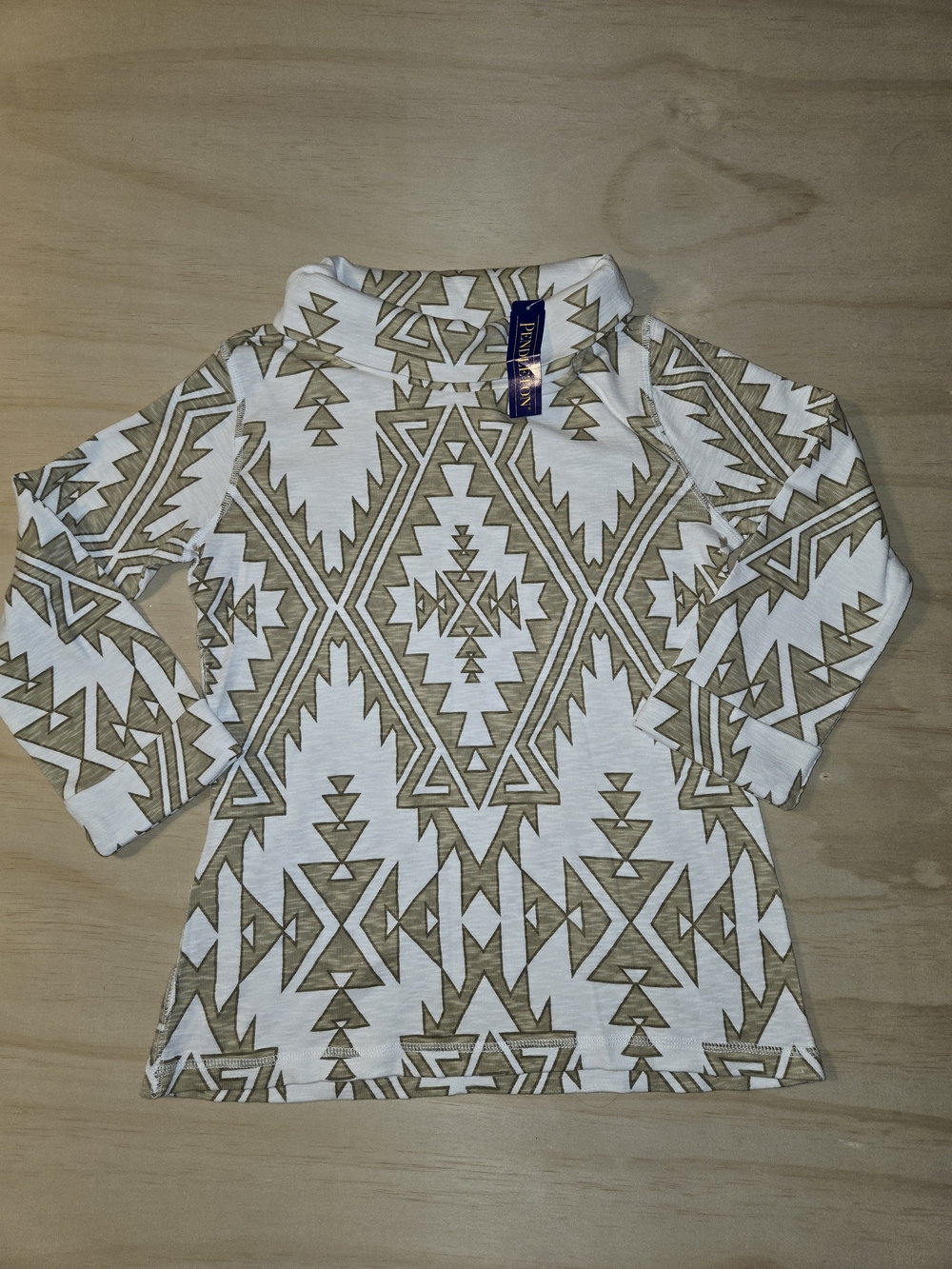 NWT Pendleton Women's P/TP White & Khaki Aztec Geometric Mock Neck Long Sleeve